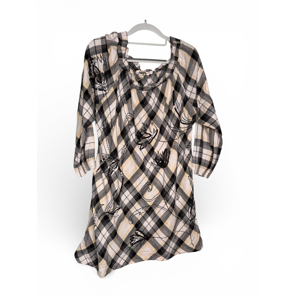 Soft Surroundings plaid checkered tunic top blouse floral embroidery and sequins